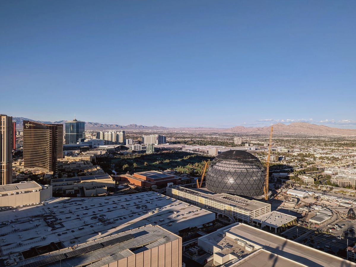 Las Vegas skyline in daylight with the mountains beyond